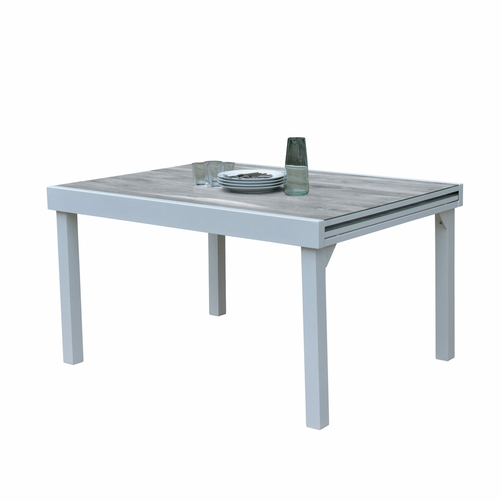 Table modulo 6/10 personnes structure aluminium blanche, plateau en verre décors bois