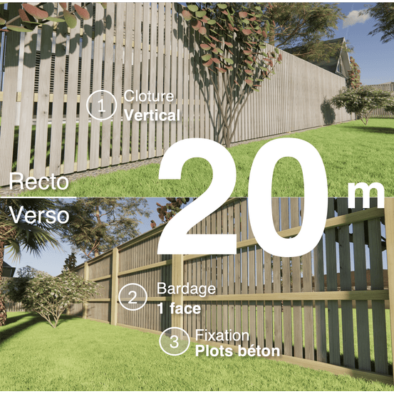 Kit clôture bois moderne 20m – h 1,9m – 20 x 70 mm autoclave gris – pose vertical – simple face – à sceller