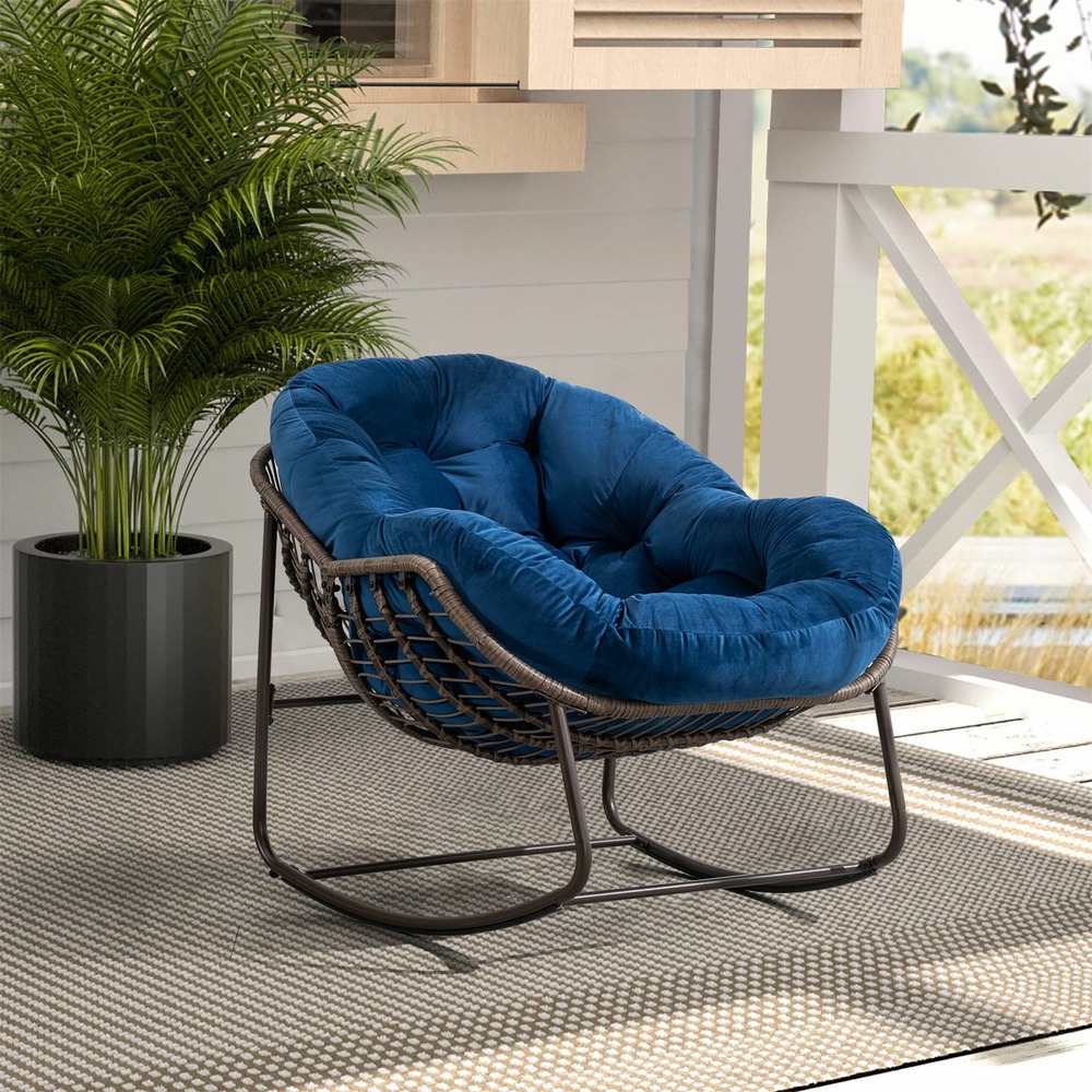 Chaise berçante en rotin d'extérieur, fauteuil inclinable avec coussin rembourré pour porche, salon, patio, jardin, bleu marine.