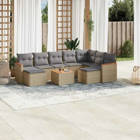 Salon de jardin avec coussins 10 pcs beige résine tressée