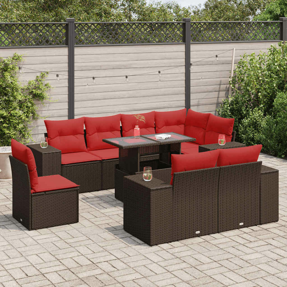 Salon de jardin avec coussins 9pcs marron résine tressée acacia