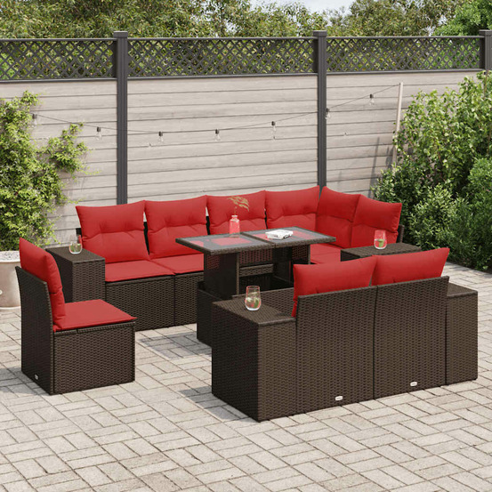 Salon de jardin avec coussins 9pcs marron résine tressée acacia