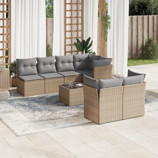 Salon de jardin avec coussins 8 pcs beige résine tressée