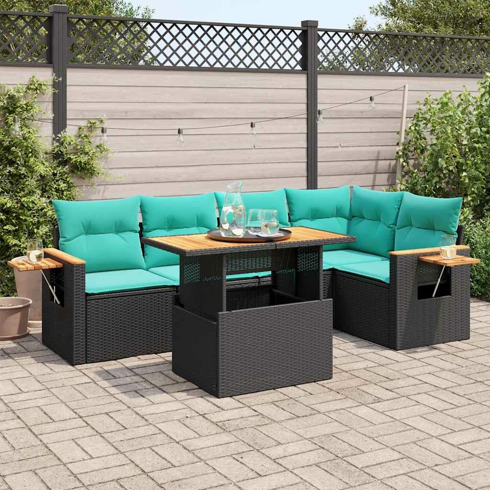 Salon de jardin 6 pcs avec coussins noir résine tressée acacia