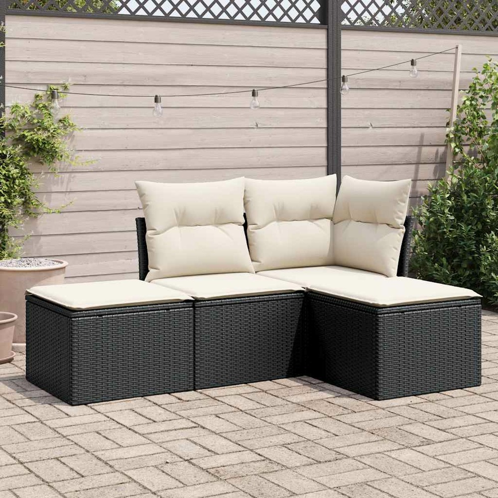 Salon de jardin 4 pcs avec coussins noir résine tressée