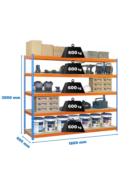 Etagère sans vis simonforte 1806-5 chipboard bleu/orang/bois bleu/orange/bois 2000x1800x600 - simonrack