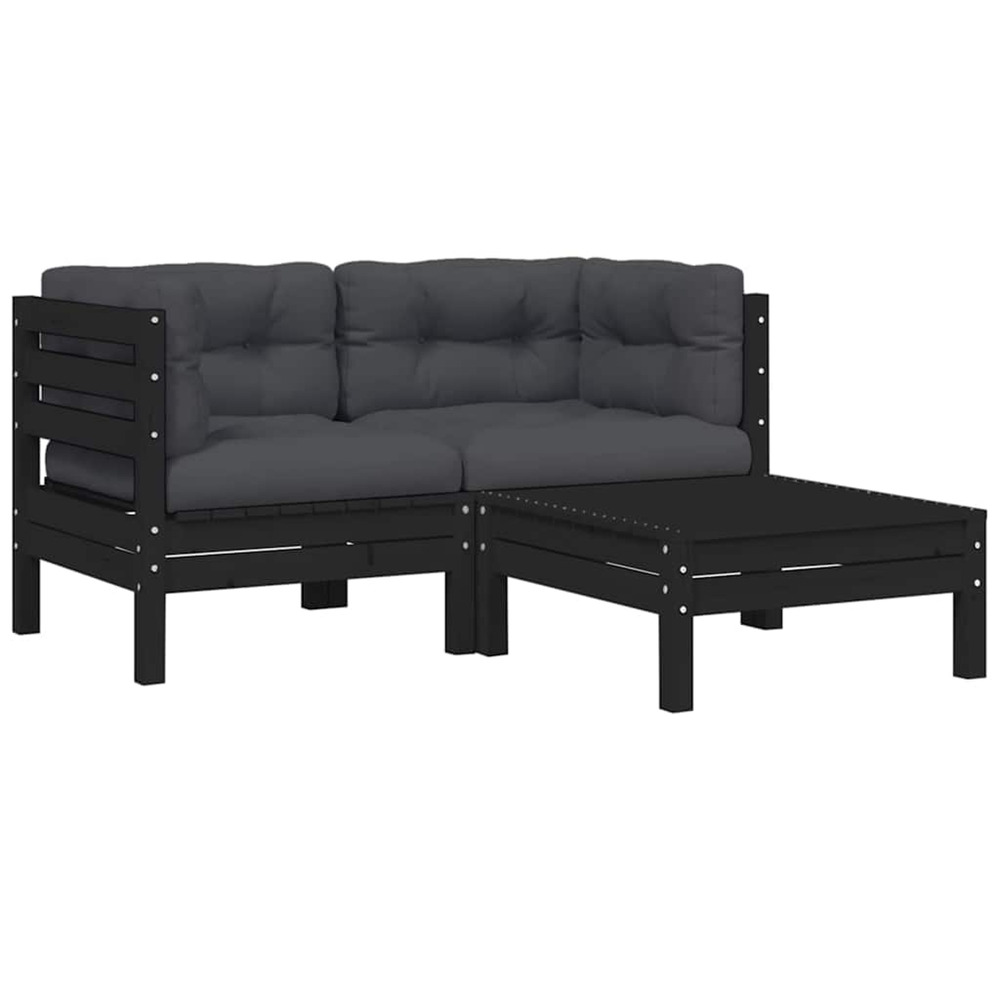 Salon de jardin 3 pcs avec coussins noir bois de pin massif
