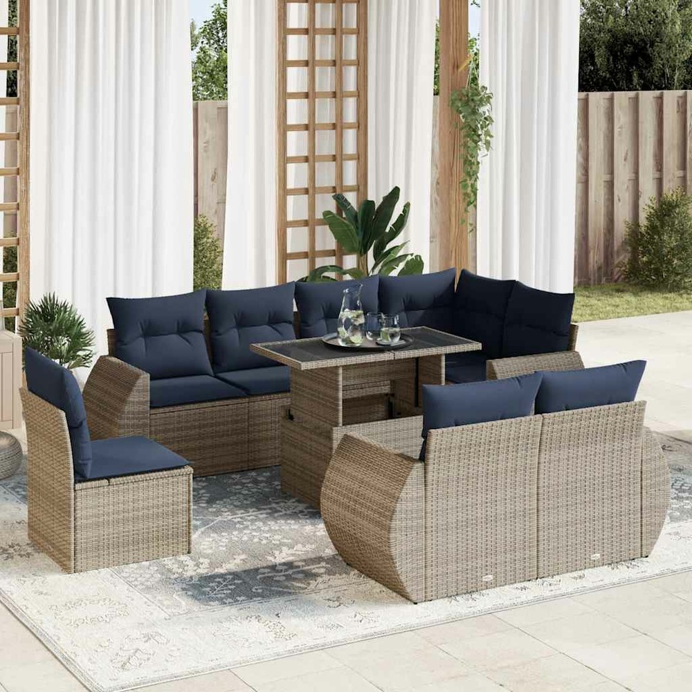 Salon de jardin avec coussins 9 pcs gris résine tressée acacia