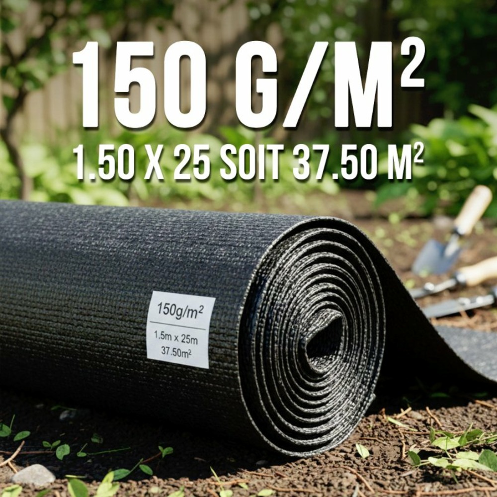 Membrane anti-herbes pour jardin, 150g/m2, 1,5m x 25m, 37,50m2