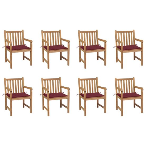 Chaises de jardin lot de 8 avec coussins bordeaux bois de teck