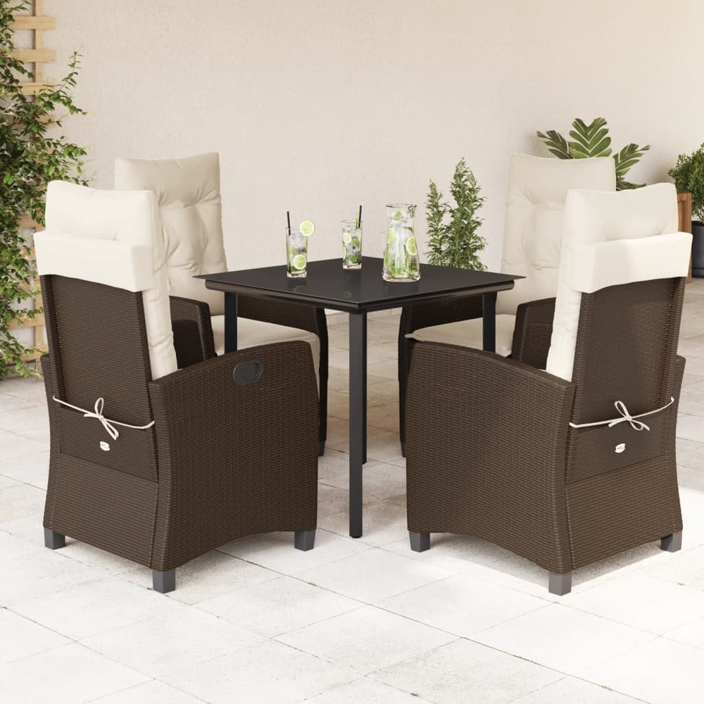 Ensemble à manger de jardin 5 pcs et coussins marron poly rotin