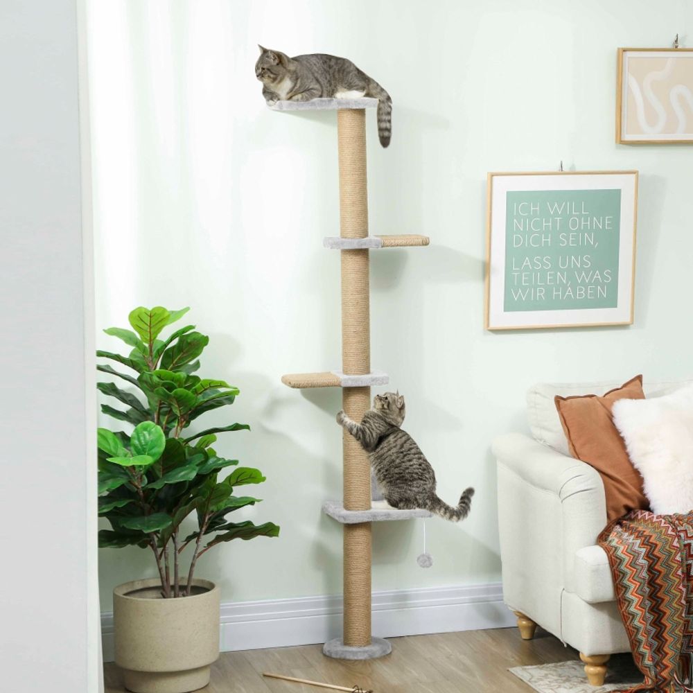 Arbre à chat mural 180cm avec 5 niveaux griffoirs en sisal et peluche gris clair – comfortxl outdoor living