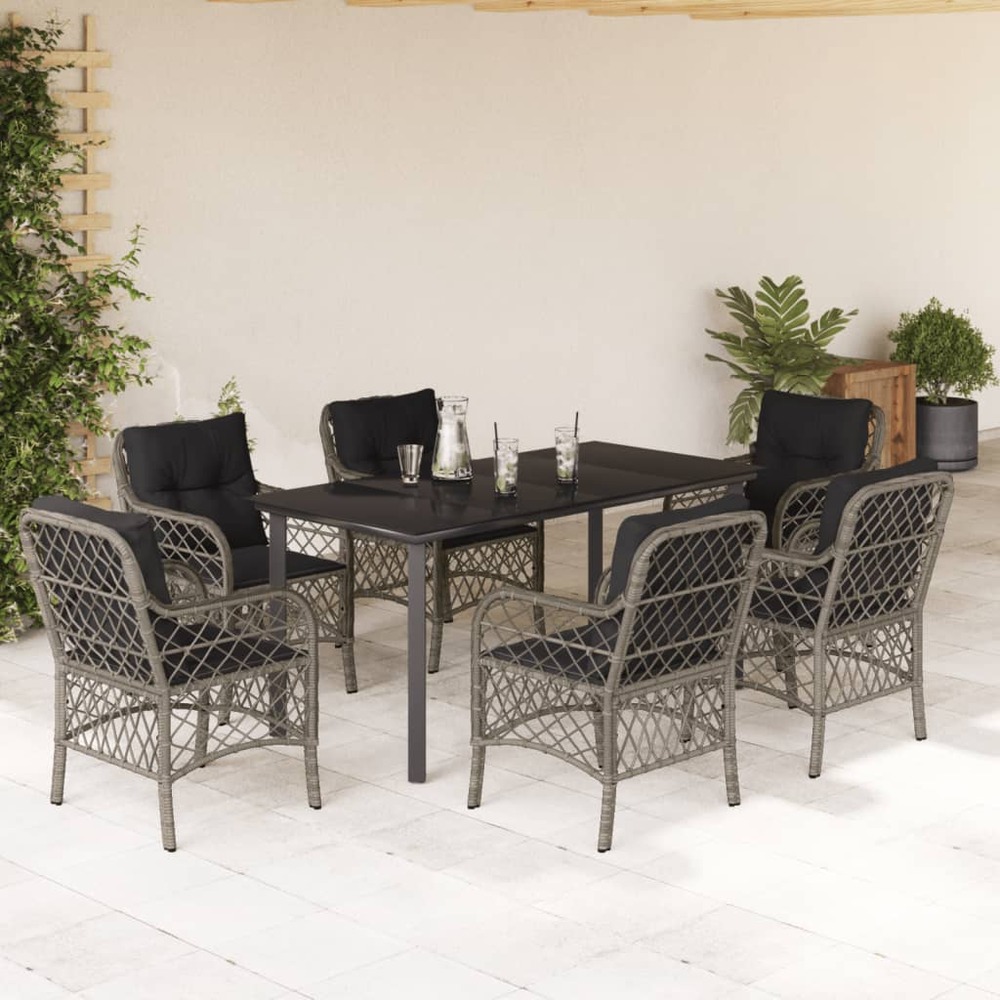 Ensemble à manger de jardin et coussins 7 pcs gris rotin