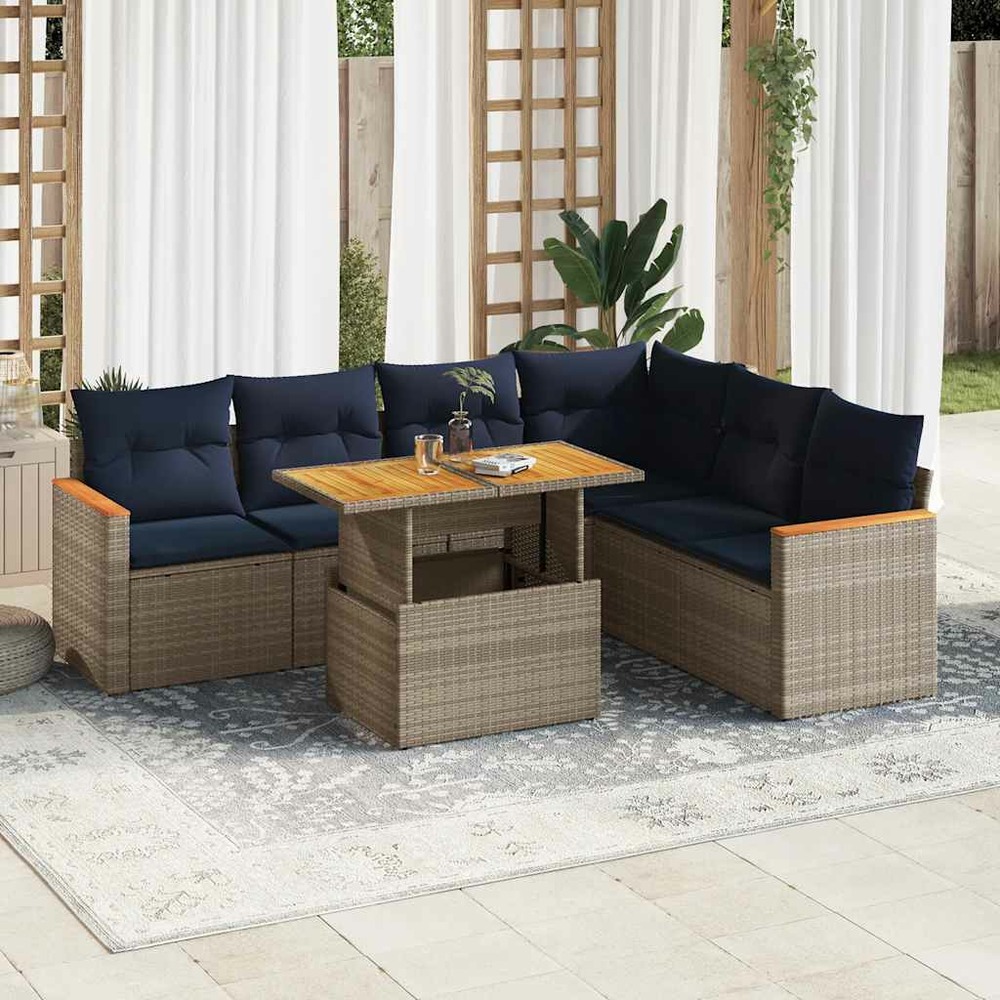 Salon de jardin avec coussins 7 pcs gris résine tressée