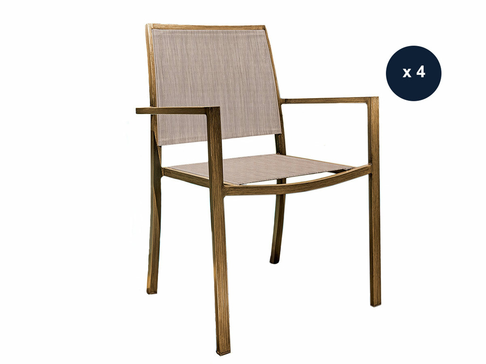 Lot de 4 fauteuils de jardin en aluminium et textilène empilable aspect teck san