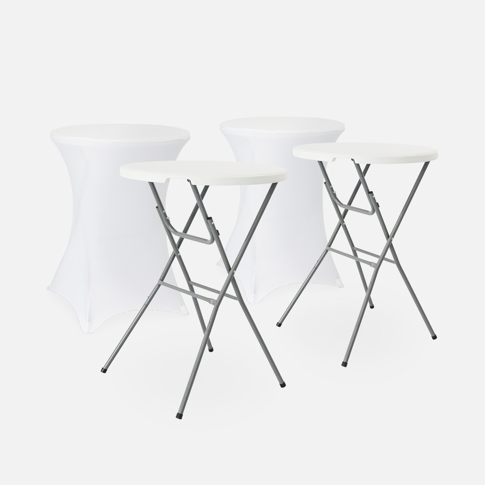 Lot de 2 tables hautes de réception – gala – mange debout, pliables, ø80cm x 110cm + 2 housses en polyester