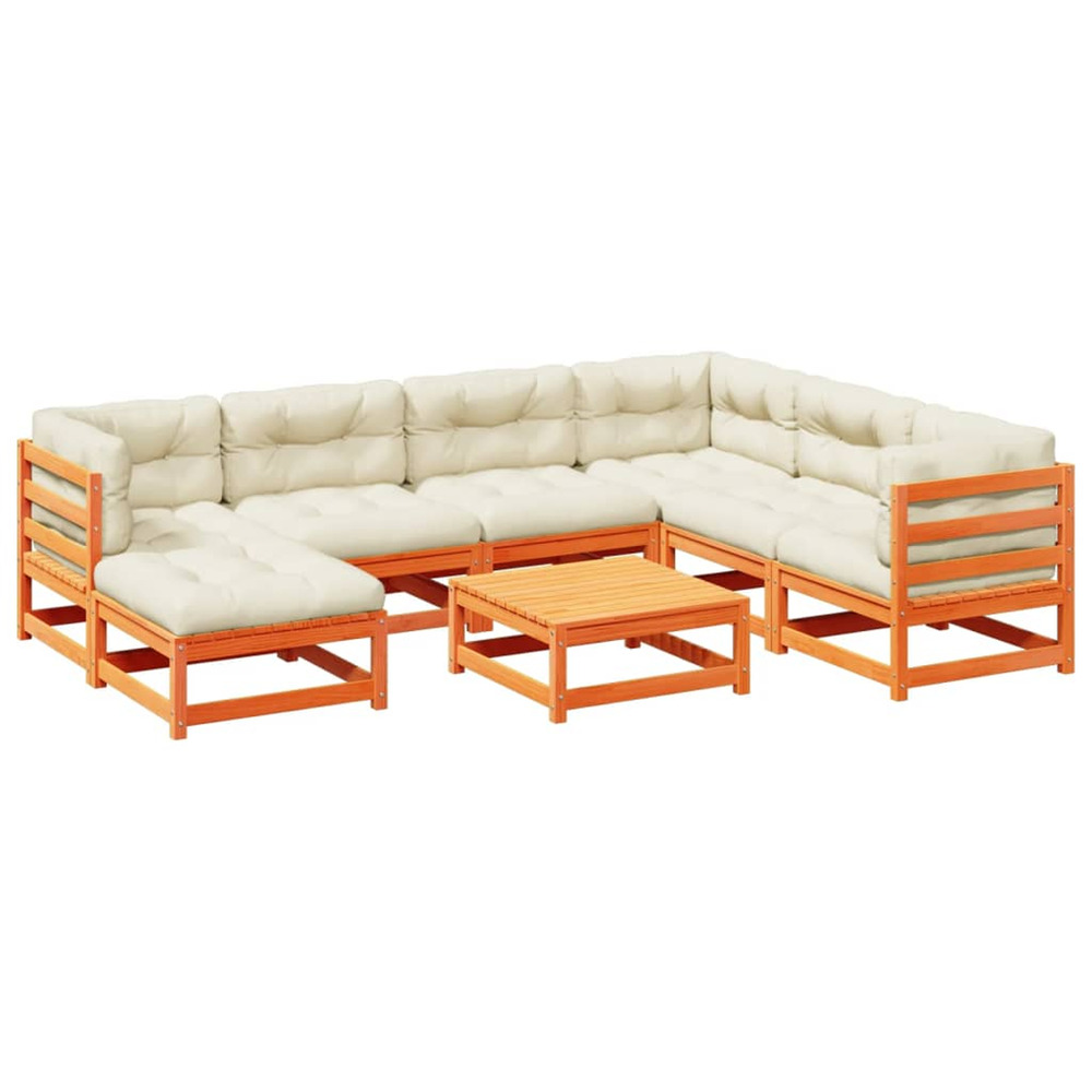 Salon de jardin 8 pcs avec coussins marron cire bois pin massif