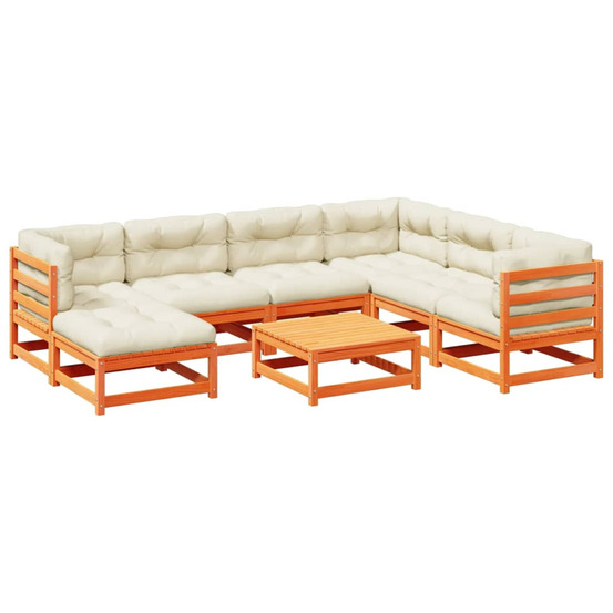 Salon de jardin 8 pcs avec coussins marron cire bois pin massif