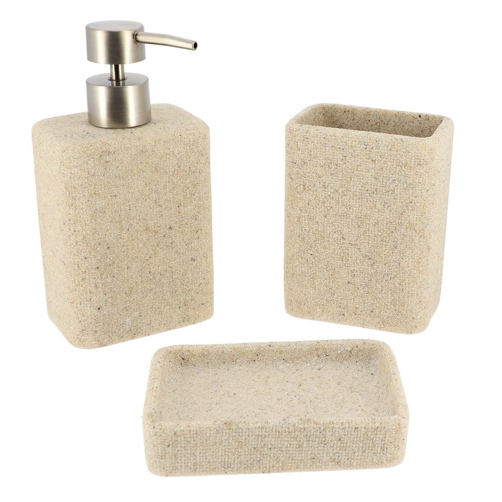 Set gobelet distributeur a savon et porte savon polyresine rectangulaire effet sable - naturel