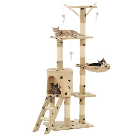 Arbre à chat 138 cm avec griffoir sisal et niche motif pattes beige