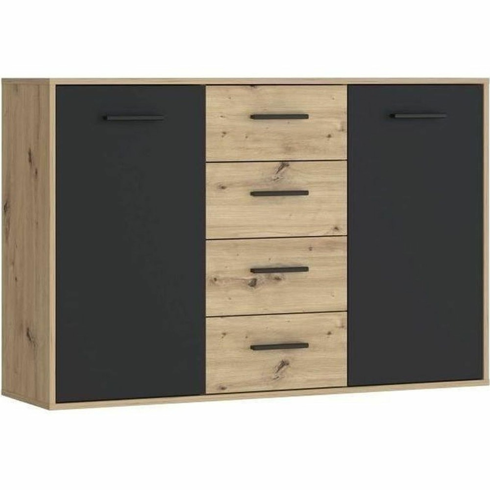 Buffet particules mélaminé - chêne et noir - 2 portes + 4 tiroirs - 122,6 x 34,2 x 81,7 cm