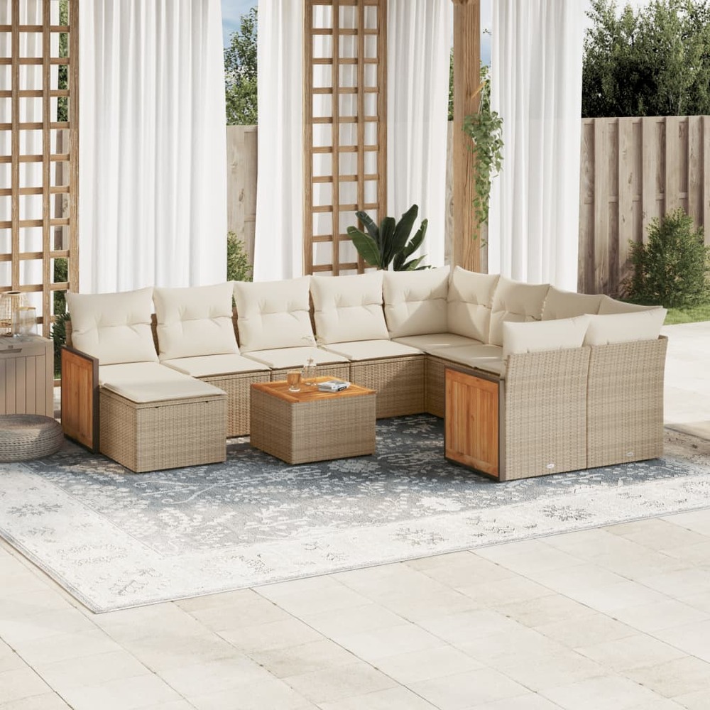 Salon de jardin 11 pcs avec coussins beige résine tressée