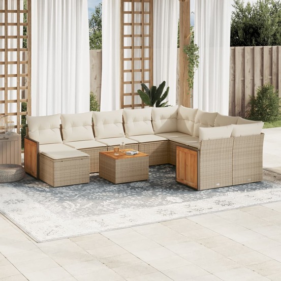 Salon de jardin 11 pcs avec coussins beige résine tressée