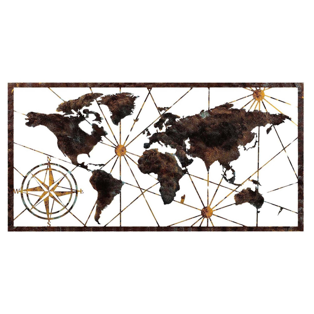 Décoration murale en bois et métal world map