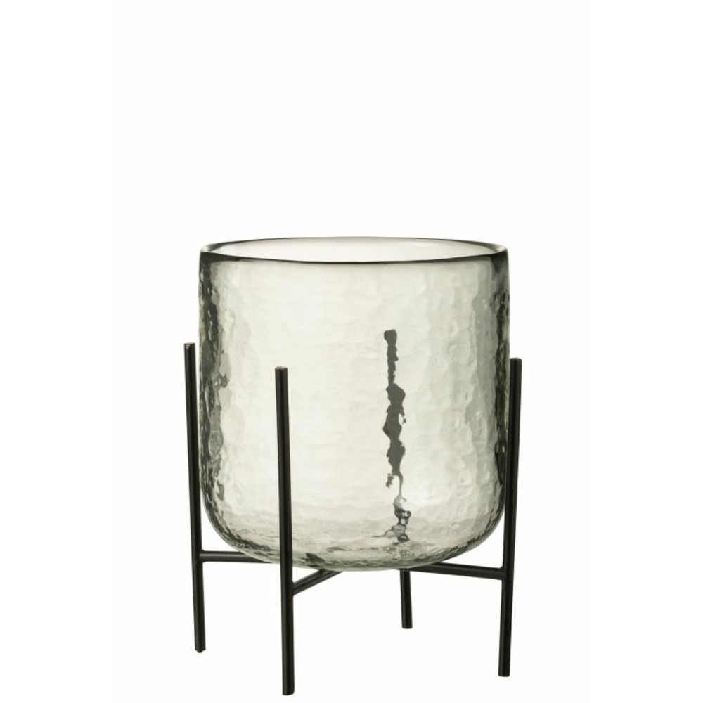 Photophore sur pied acier en verre transparent 17x17x23 cm