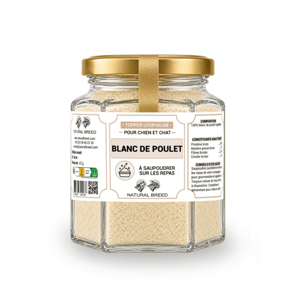 Complément alimentaire 100 % poulet lyophilisé pour chien et chat – topper appétence – 45 g