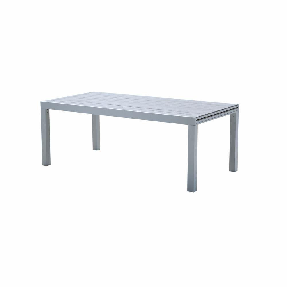 Table tulum 8/12 personnes structure blanche, plateau en aluminium décors bois gris
