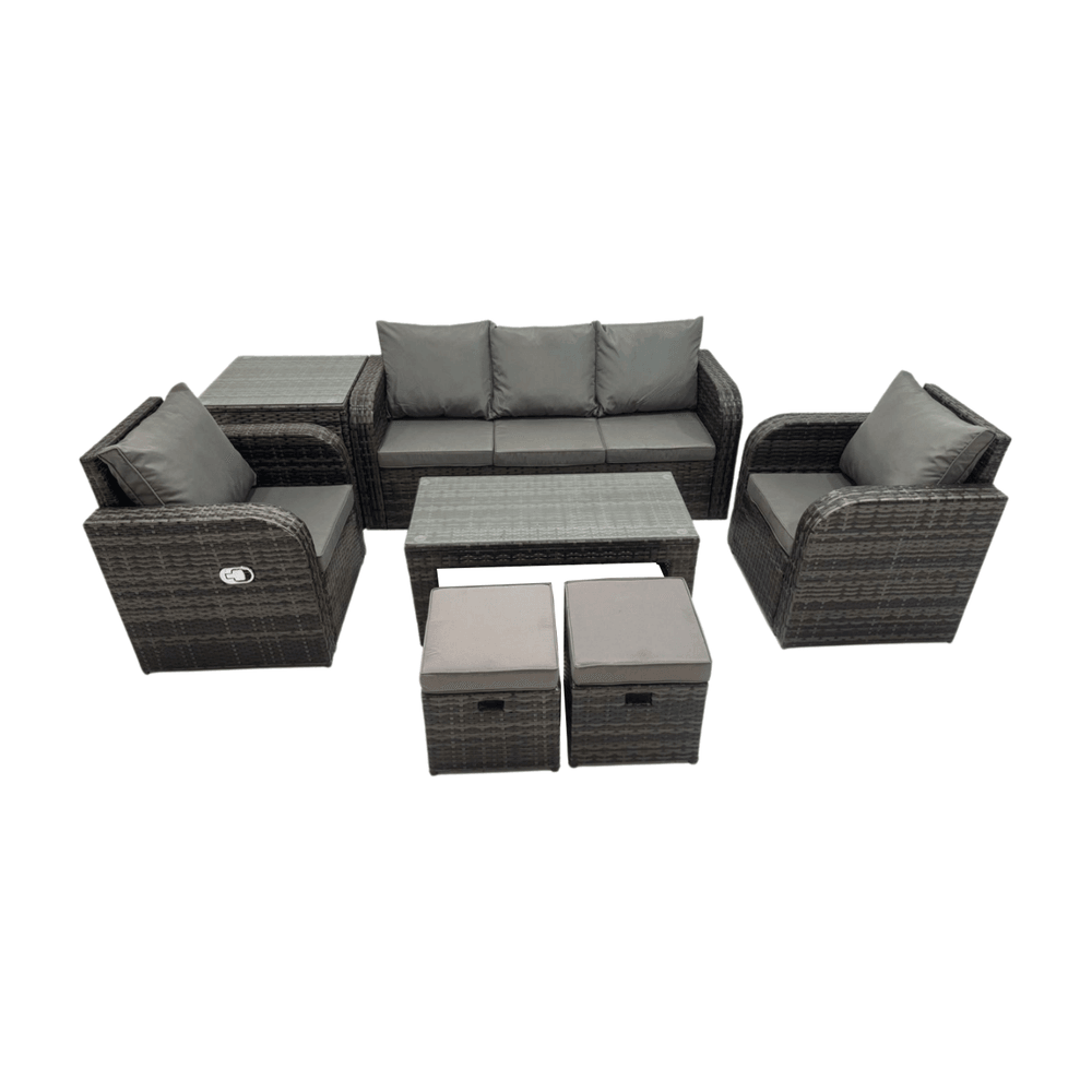 7 pc salon de jardin avec table basse rectangulaire table d'appoint 2 petits tabourets outdoor rattan set