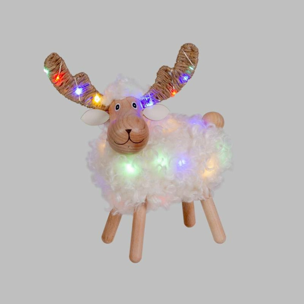 Mini mouton lumineux à piles 30 led blanc chaud et couleur 23cm en bois