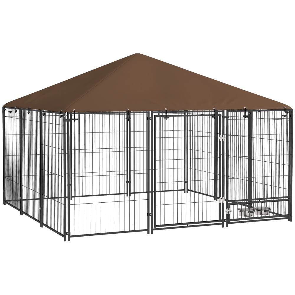 Chenil pour chien acier tissu extérieur abri avec toit étanche 211x211x151cm café