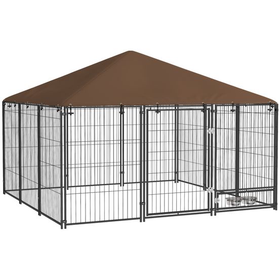 Chenil pour chien acier tissu extérieur abri avec toit étanche 211x211x151cm café