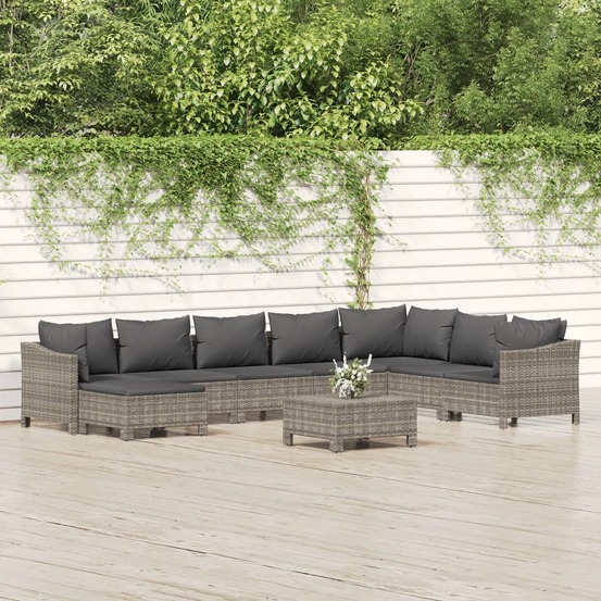 Salon de jardin 9 pcs avec coussins gris résine tressée
