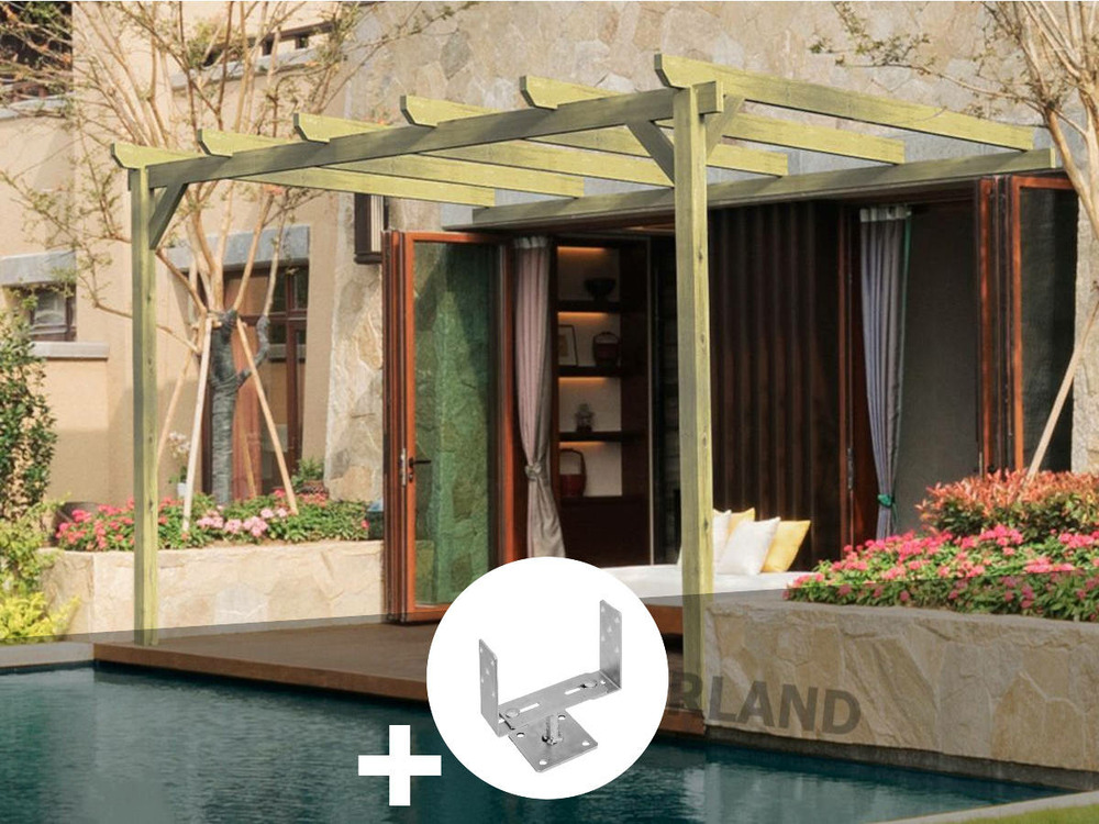 Pergola adossée en bois massif narbonne 300 x 300 cm + 2 supports surélevés