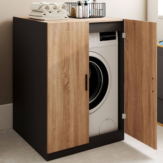 Meuble pour machine à laver avec portes wallis noir et bois façon hêtre