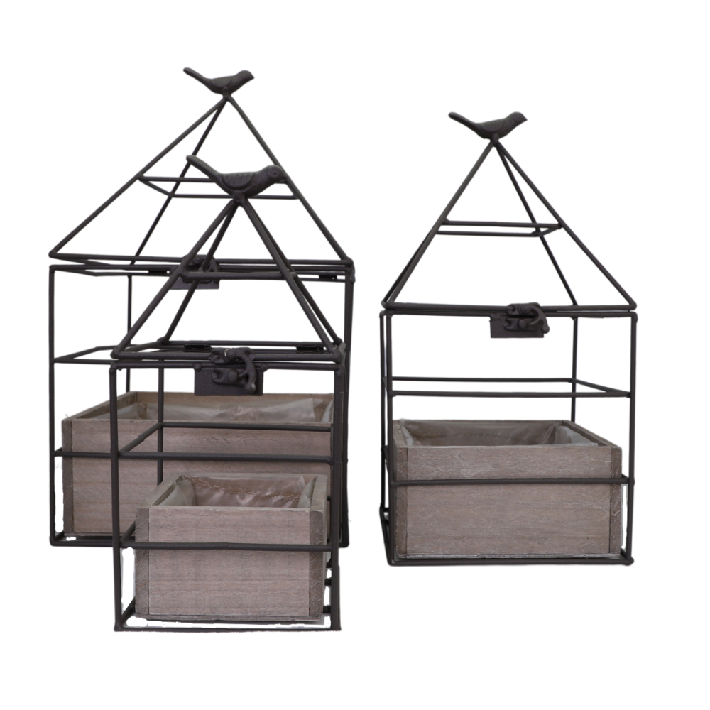 Set3 jardinières jardin extérieur bois métal marron 25-36-38cm