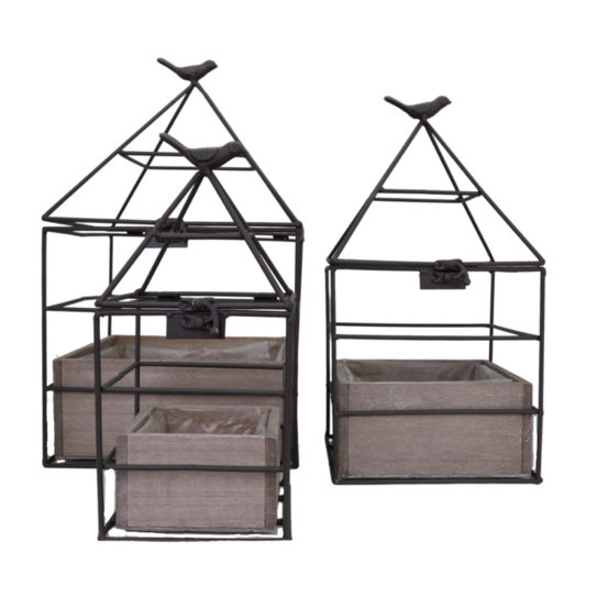 Set3 jardinières jardin extérieur bois métal marron 25-36-38cm