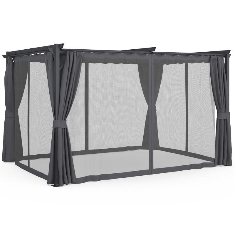Pergola édition intégrale moustiquaire toit rétractable 3x4m et 4 rideaux gris