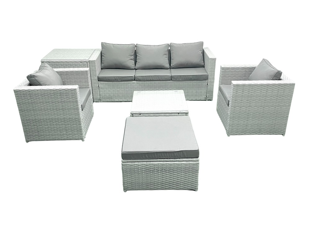 6 places salon de jardin avec canapé 3 places 2 chaise table basse carrée grand tabouret table d'appoint gris clair mixte