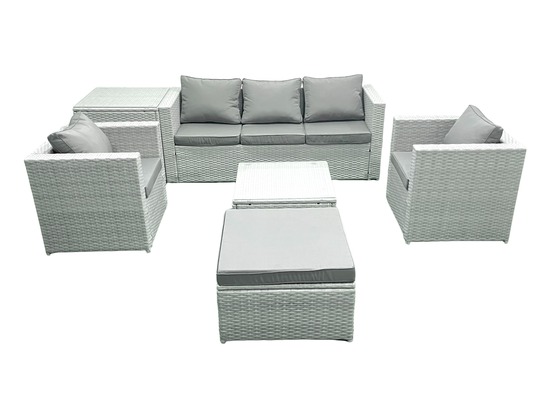 6 places salon de jardin avec canapé 3 places 2 chaise table basse carrée grand tabouret table d'appoint gris clair mixte