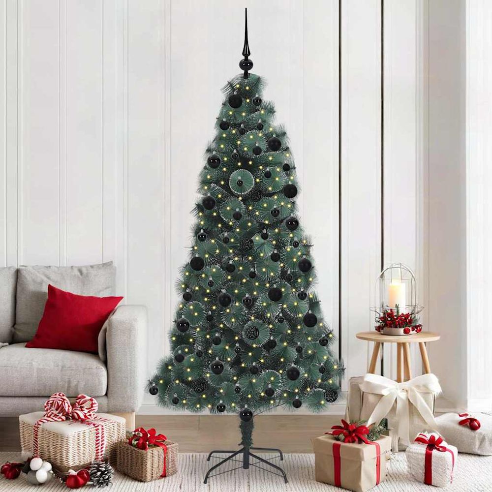 Kit sapin de noël vert complet, forme conique moderne avec lumières et 120 boules