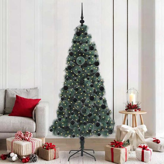 Kit sapin de noël vert complet, forme conique moderne avec lumières et 120 boules