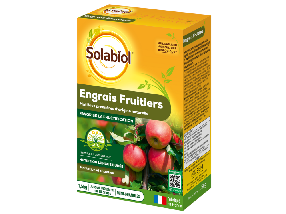 Solabiol engrais fruitiers - 1,5kg - jusqu'à 180 plants - stimulateur de croissance - nutrition longue durée - uab sofruy15