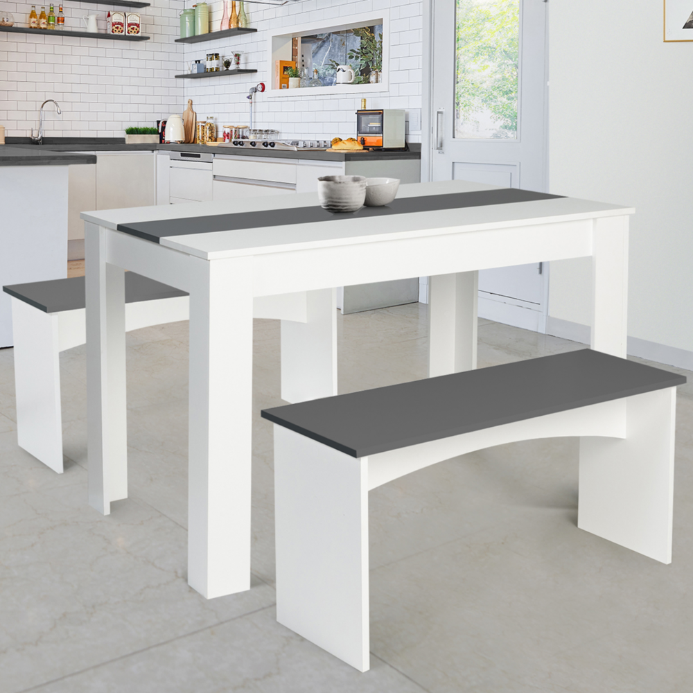 Ensemble table à manger et 2 bancs rozy 4 personnes blanc et gris 110 cm
