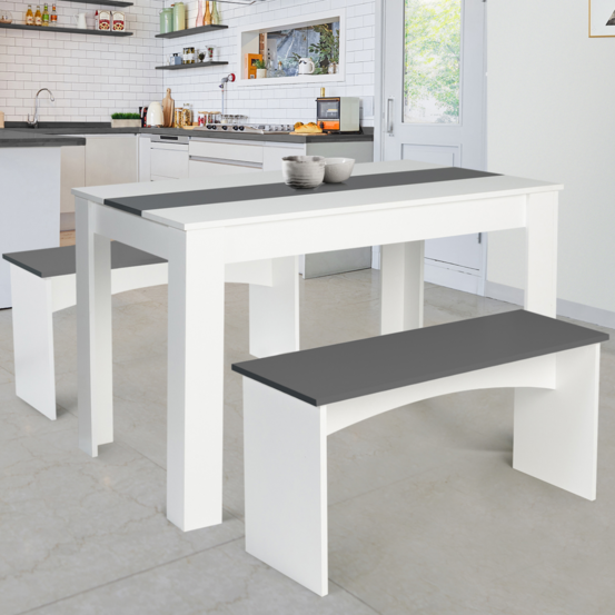 Ensemble table à manger et 2 bancs rozy 4 personnes blanc et gris 110 cm