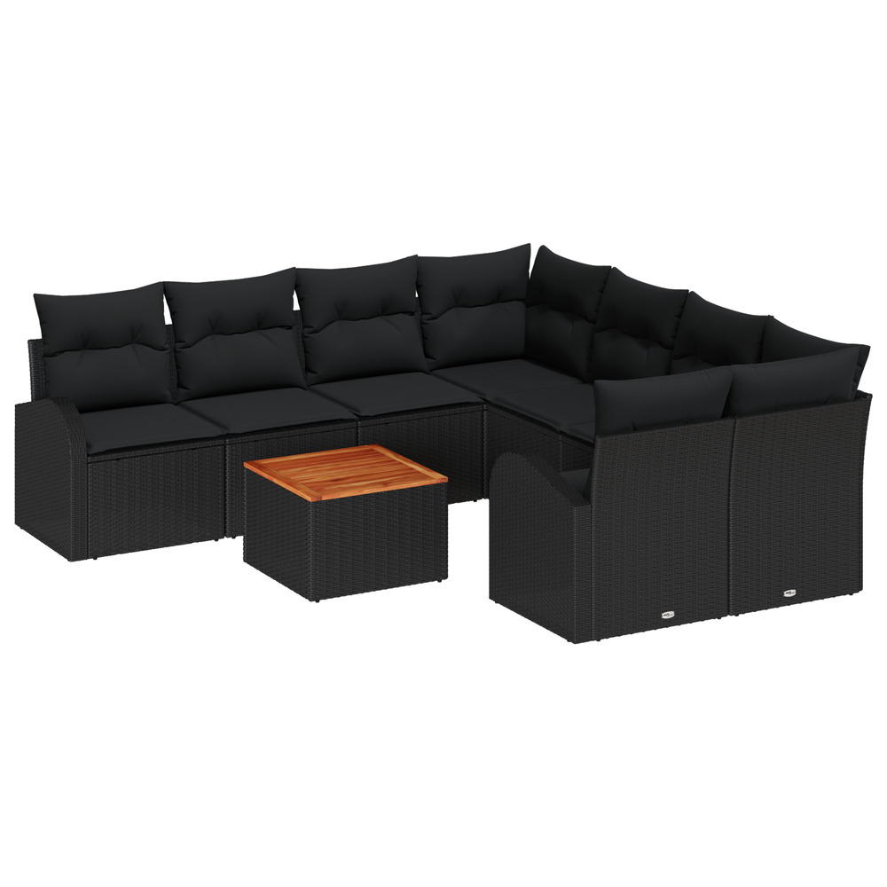Ensemble de canapés de jardin 9 pièces avec coussins noir rattan poly acacia