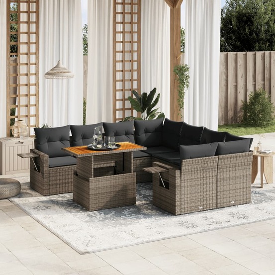 Salon de jardin 9 pcs avec coussins gris résine tressée